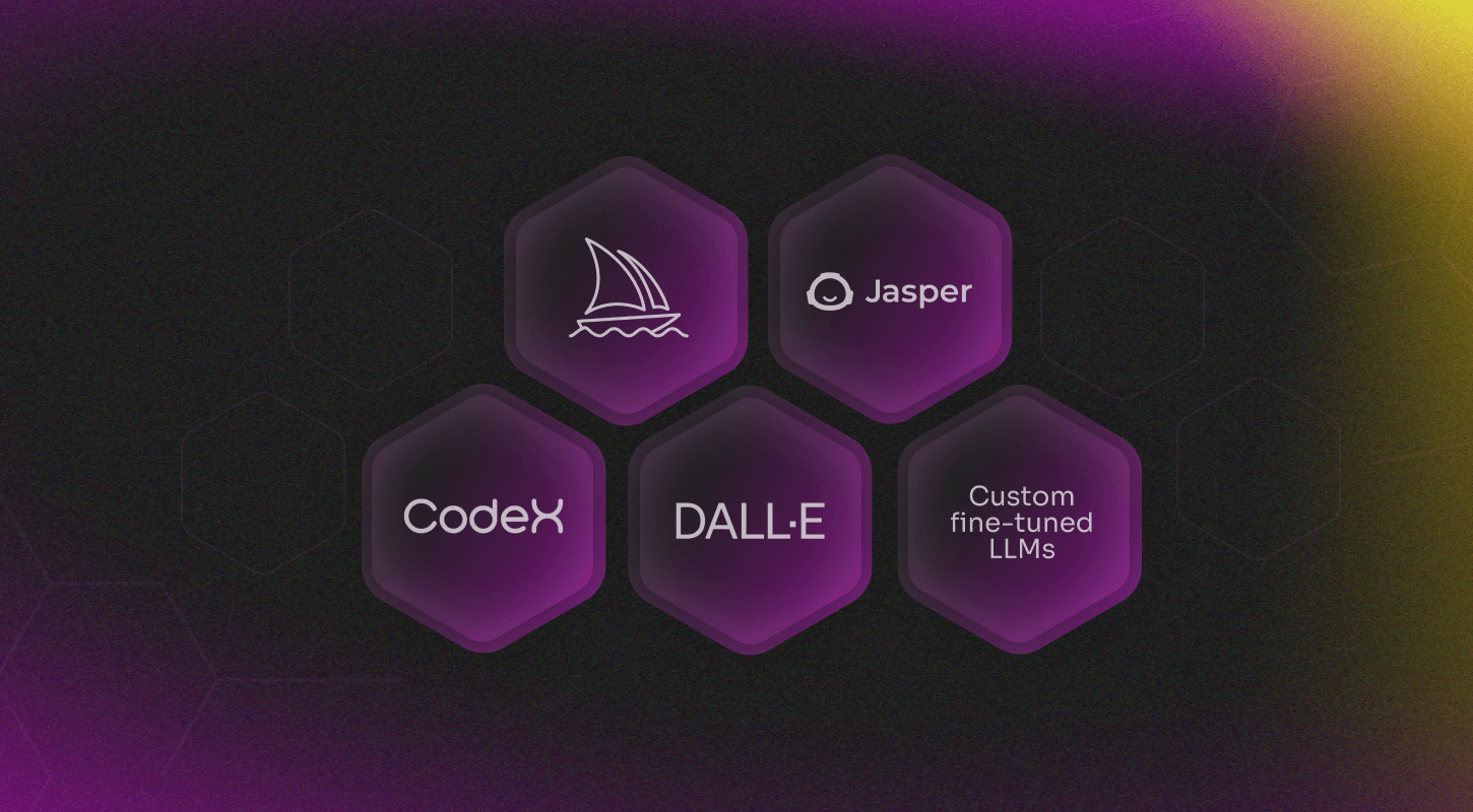 AI content and code generation platforms: CodeX, DALL-E, Jasper, custom fine-tuned LLMs