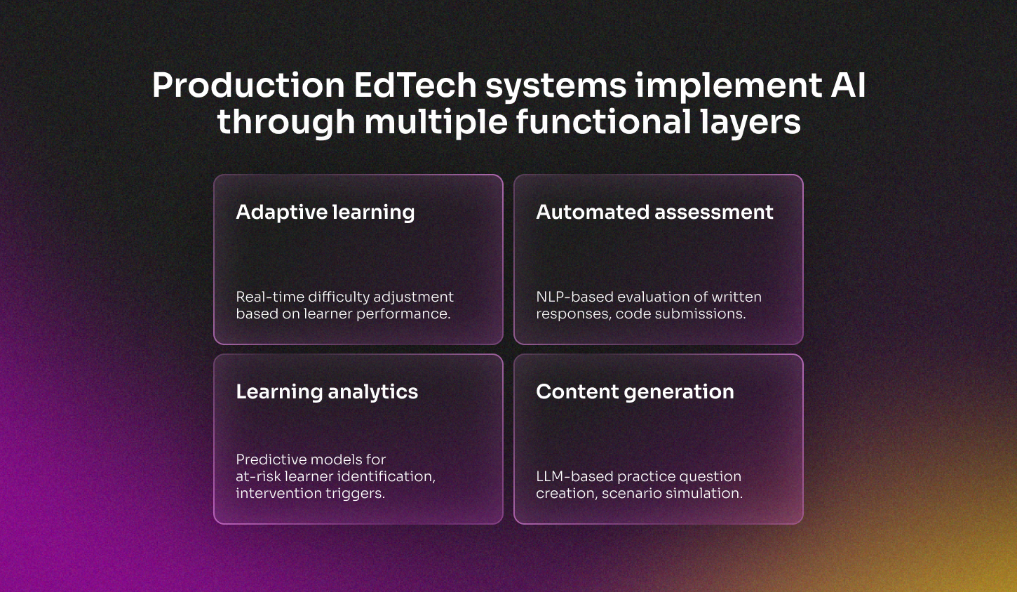 Functional layers of AI in production EdTech: Adaptive Learning, Automated Assessment, Learning Analytics, and Content Generation