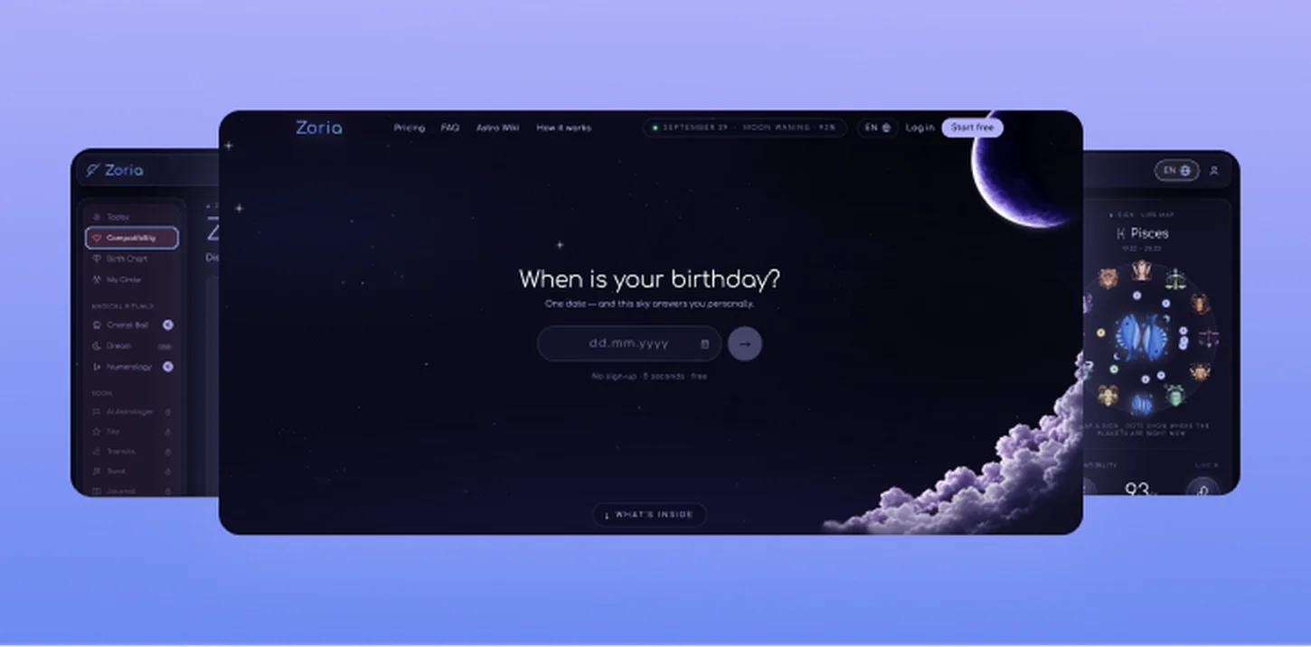 Zoria AI astrology app screens: birthday input, compatibility menu, and zodiac chart
