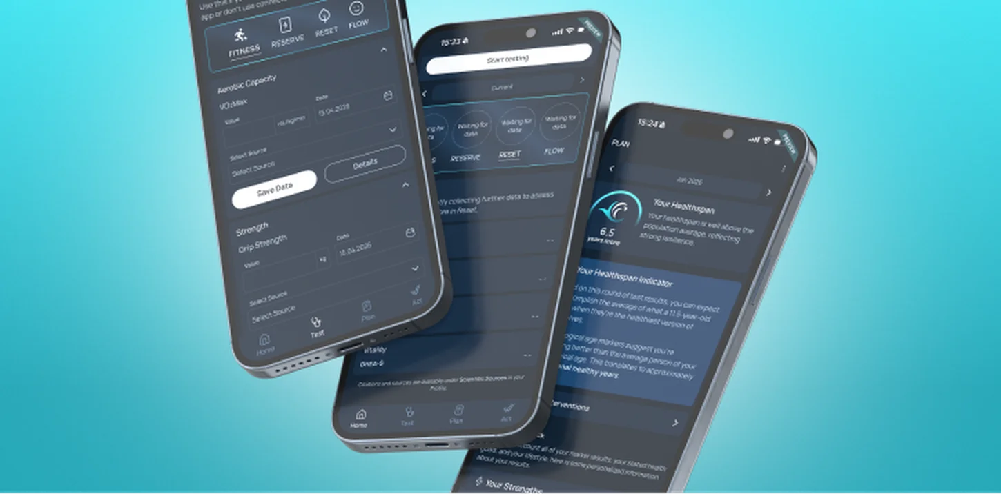 Chirayou mobile app screens showing fitness tests and the healthspan score