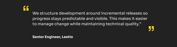 Quote by Senior Engineer at Leetio about incremental releases and maintaining technical quality