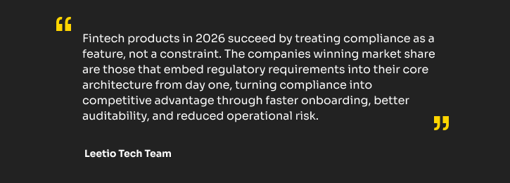 Quote by Leetio Tech Team about embedding fintech compliance into core architecture as a competitive advantage