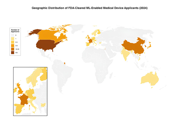 World map showing geographic distribution of FDA-cleared ML-enabled medical device applicants in 2024