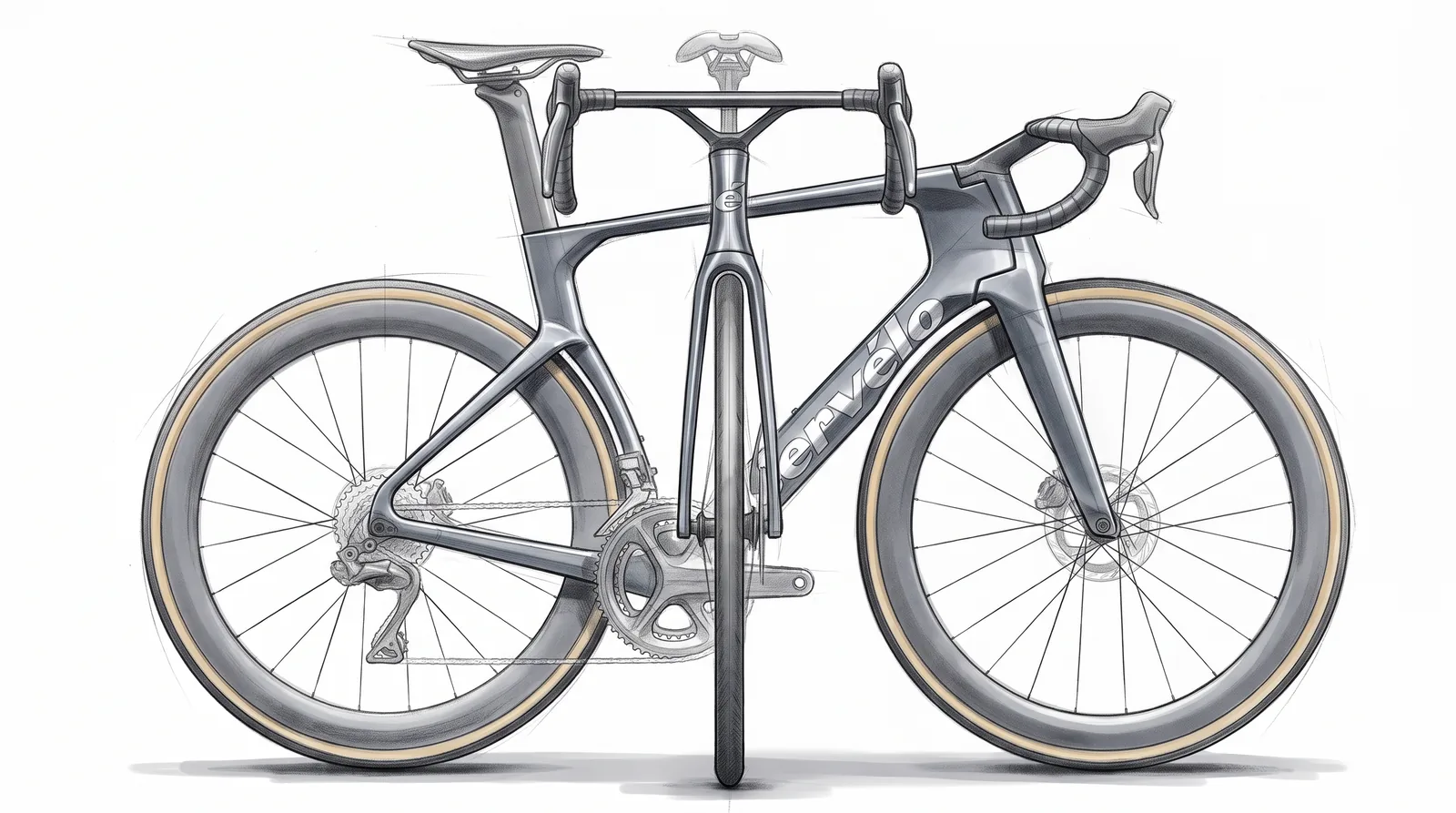 Front-view sketch of the Cervélo S5 with a side view drawn over it