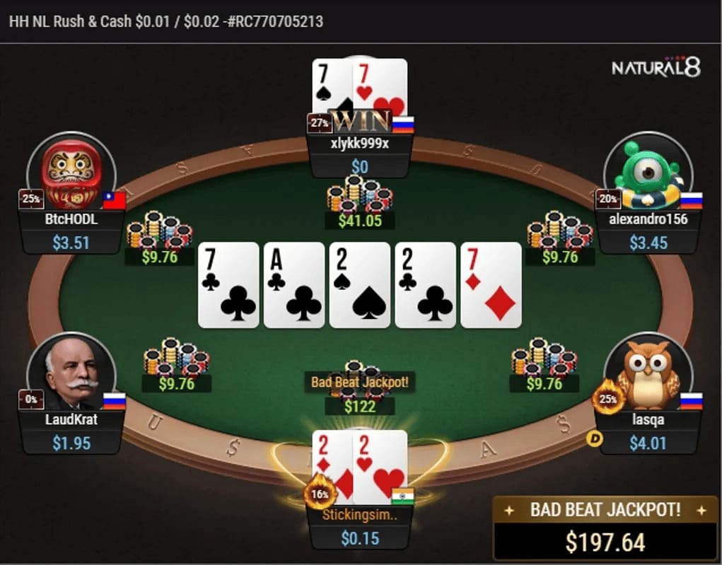 Online poker table with five players in a hand showing cards, chips, and a $197.64 Bad Beat Jackpot