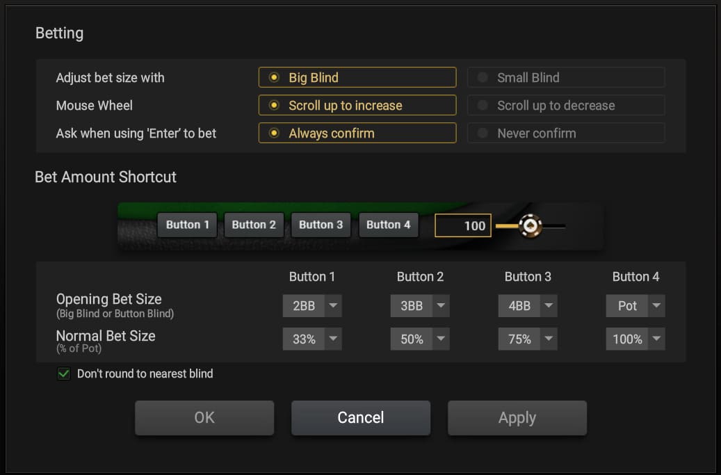 Settings panel for a poker game, featuring options for bet size, mouse wheel adjustment, confirmation prompts, and bet amount shortcuts.