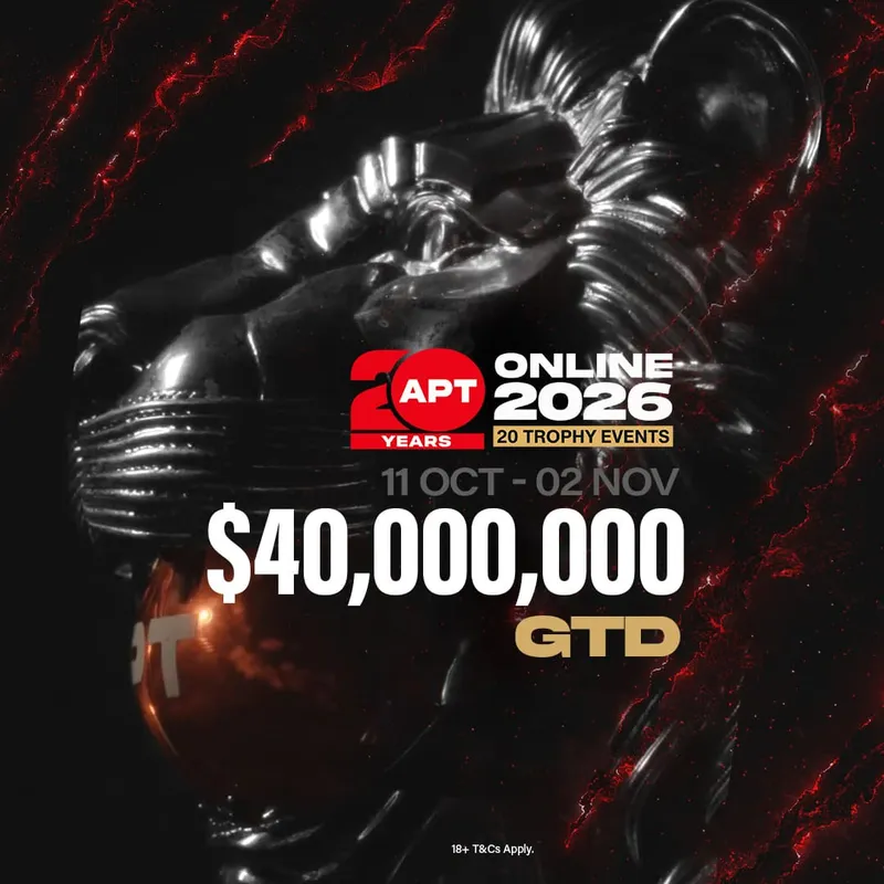 Promotional image for APT Online 2026 with a $40,000,000 prize pool, featuring a metallic trophy and event dates