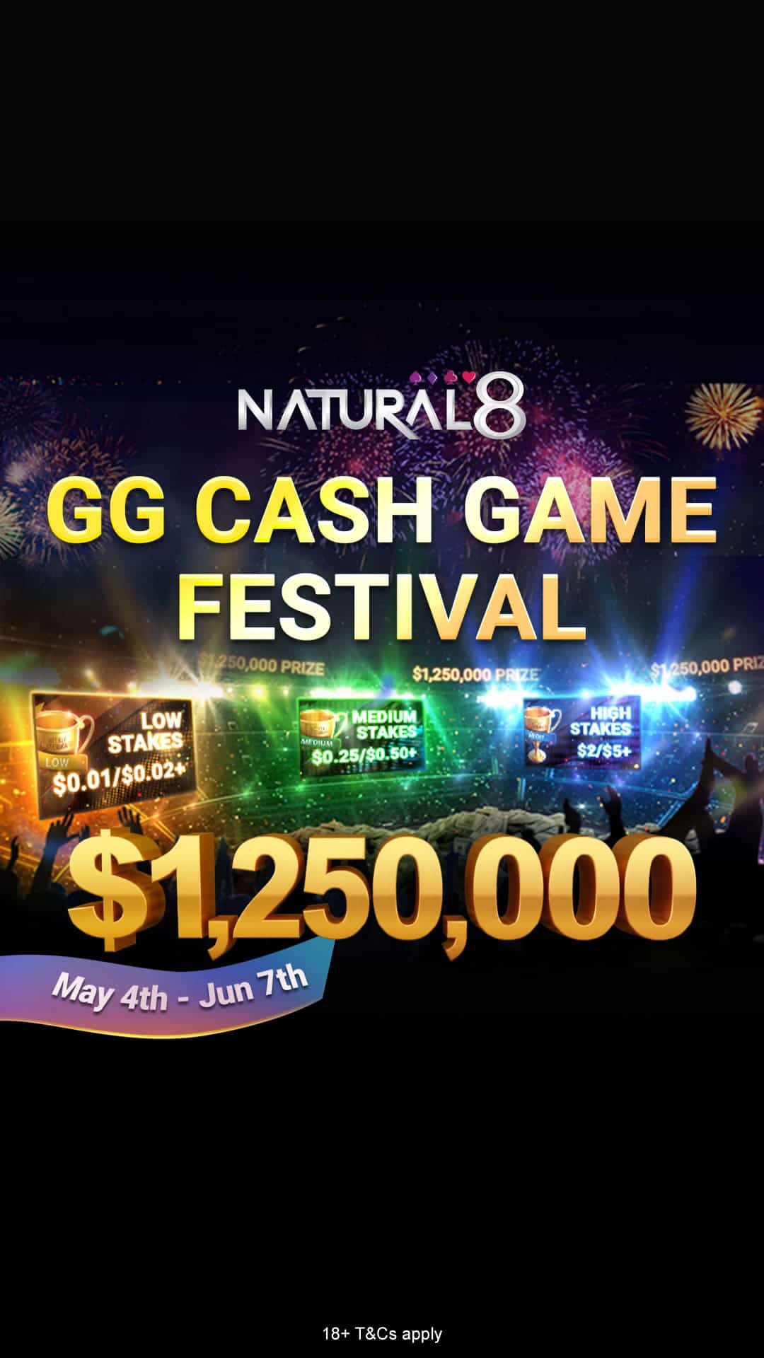 Promotion for Natural8 GG Cash Game Festival with a $1,250,000 prize pool, running from May 4th to June 7th.