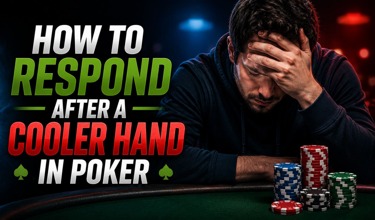 Man in hoodie looks stressed, holding his head beside poker chips. Text: "How to respond after a cooler hand in poker."