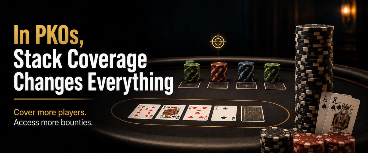 Poker table with chips and cards and text: “In PKOs, Stack Coverage Changes Everything”