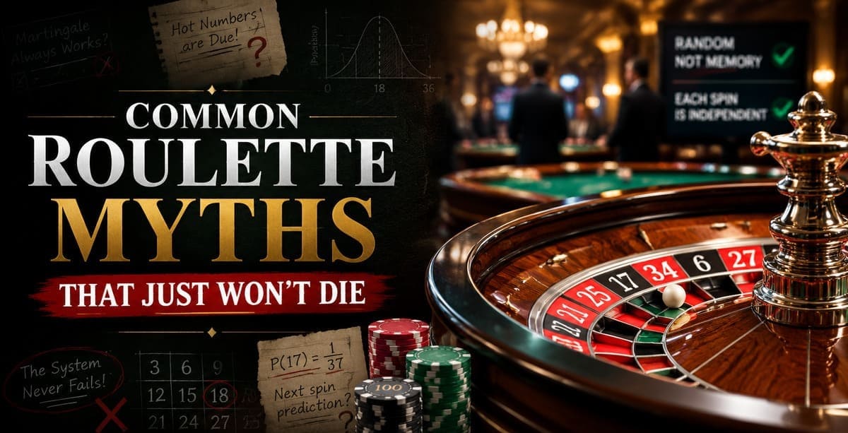 Roulette table in a casino with text about common roulette myths, chips stacked nearby, and a blurred background showing players and tables.