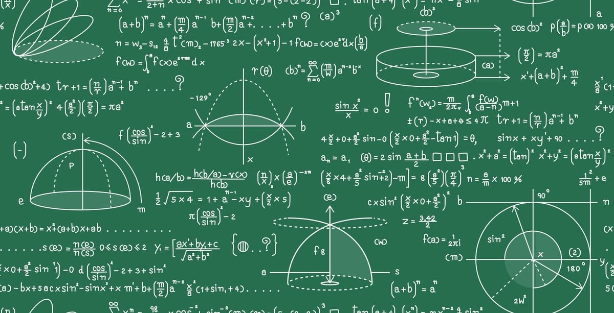 A green chalkboard filled with complex mathematical equations, graphs, and geometry diagrams in white chalk.