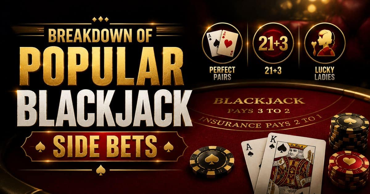 Breakdown of popular Blackjack side bets: Perfect Pairs, 21+3, Lucky Ladies. Blackjack table with chips and cards, Ace and King of spades.