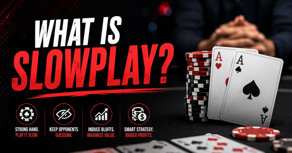 Poker table scene with the text: What is Slowplay? Two aces, poker chips, and strategy icons for slowplay tips are depicted.