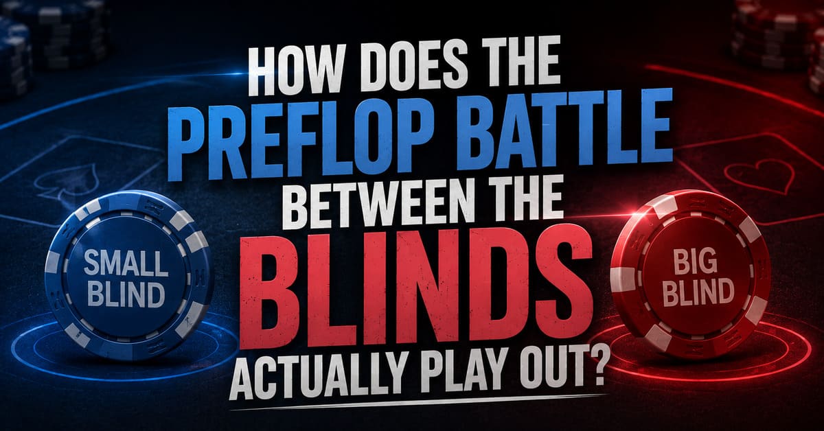 Image of poker chips with text: "How does the preflop battle between the blinds actually play out?" Blue chip labeled "Small Blind" and red "Big Blind."