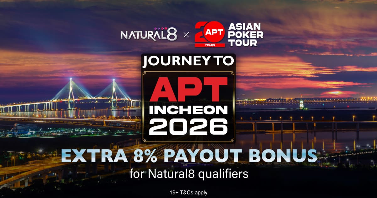 Promotional banner for "Journey to APT Incheon 2026" with an 8% payout bonus, featuring a scenic night bridge view.