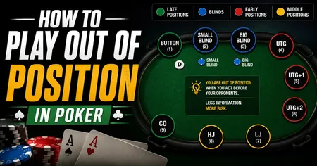 Poker strategy guide titled "How to Play Out of Position," with poker chips, cards, and table seating diagram.