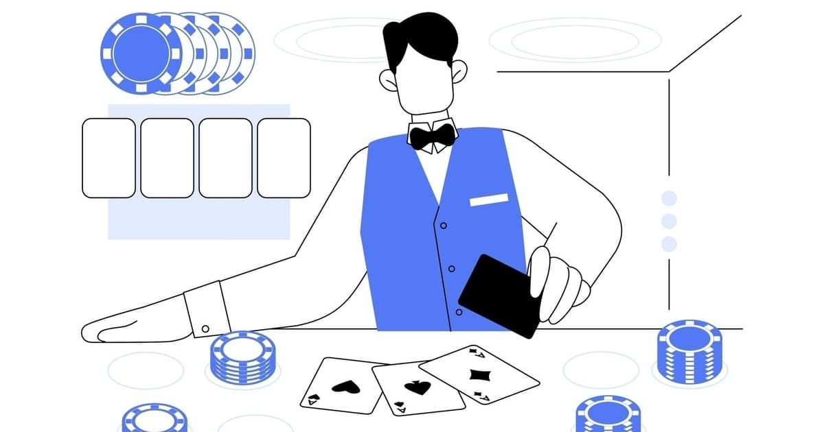 Illustration of a poker dealer in a blue vest, holding cards, surrounded by poker chips and a card table layout.
