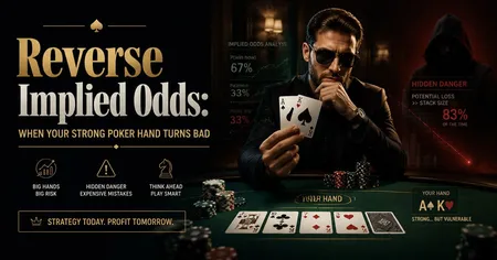 A man in sunglasses holds poker cards at a table. The text discusses "Reverse Implied Odds" and poker strategy risks.