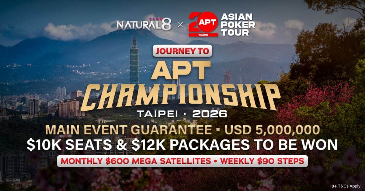 Promotional banner for the APT Championship in Taipei 2026, highlighting a $5 million guarantee and prize packages. Background shows Taipei skyline.