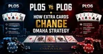 Poker strategy comparison for PLO5 and PLO6, highlighting differences in card counts, hand requirements, and strategy with poker chips in view.