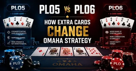Poker strategy comparison for PLO5 and PLO6, highlighting differences in card counts, hand requirements, and strategy with poker chips in view.