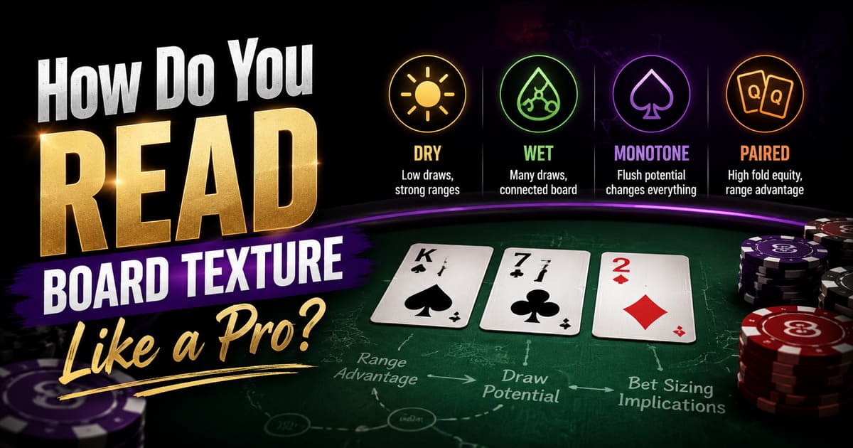 Poker concepts explained: dry, wet, monotone, and paired boards with visuals. Shows King of spades, 7 of clubs, 2 of diamonds on green felt.
