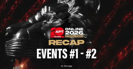 A metallic trophy with text overlay: "APT 20 Years Online 2026, 20 Trophy Events Recap, Events #1 - #2."