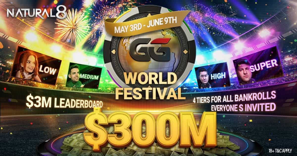 Natural8 GG World Festival promo with fireworks, featuring $300M prize pool and $3M leaderboard, from May 3rd to June 9th. Four bankroll tiers.