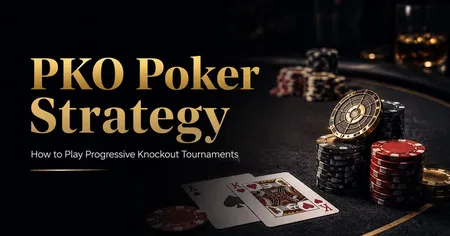 Poker table with chips, two cards (Ace of spades and King of hearts), and text: "PKO Poker Strategy, How to Play Progressive Knockout Tournaments."