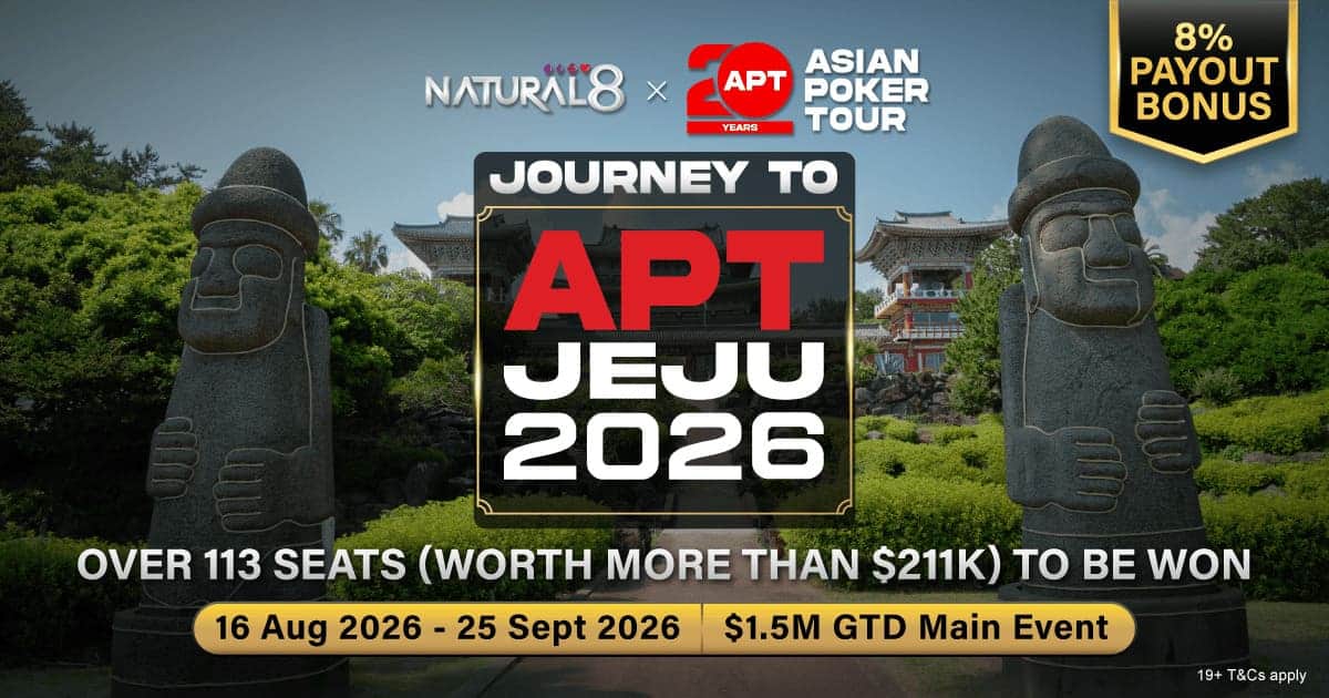 Promotional image for APT Jeju 2026 poker event, showing statues, a Korean temple, event dates, and prize details.