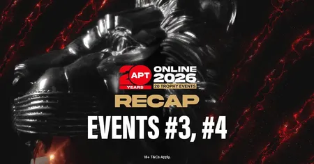 A metallic trophy with text overlay reads "APT Online 2026 Recap Events #3, #4", set against a dark background with red accents.