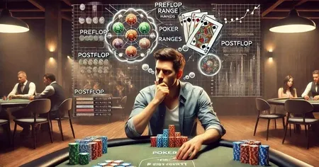 Man thinking about the potential preflop and postflop range hands