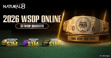 Promotional image for the 2026 WSOP Online, featuring a championship bracelet and details of cash prizes and dates