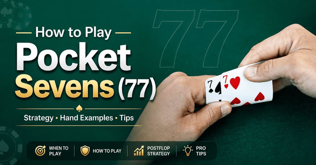 Guide titled "How to Play Pocket Sevens (77)" with poker hand illustration, strategy, and tips on a green background.