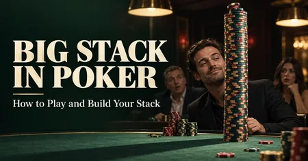 Man with a tall stack of poker chips at a poker table, surrounded by surprised onlookers, with text: "Big Stack in Poker: How to Play and Build Your Stack."