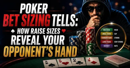 Poker strategy image with text: "Poker Bet Sizing Tells: How Raise Sizes Reveal Your Opponent's Hand." Chips, cards, magnified info on raise sizes.