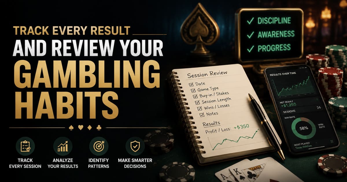 Gambling habit review setup with notebook, smartphone showing graphs, poker chips, and motivational words: discipline, awareness, progress.