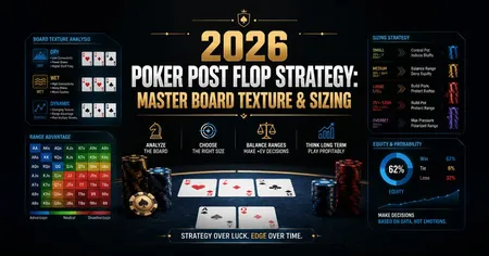 Infographic on 2026 Poker Post Flop Strategy, featuring board texture analysis, range advantage, sizing strategy, and equity probability.