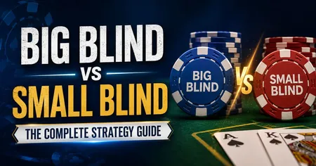 Poker chips labeled "Big Blind" and "Small Blind," with cards showing Ace and King, and text "The Complete Strategy Guide."
