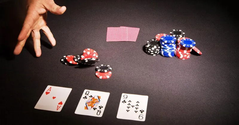 Three open cards, 2 closed hole cards, a hand throwing chips