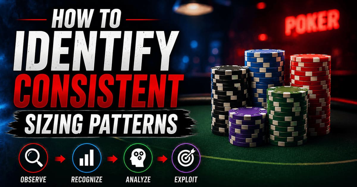 Image of poker chips with text: "How to Identify Consistent Sizing Patterns." Icons below read: "Observe, Recognize, Analyze, Exploit."