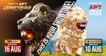 Golden and dark lion statues with "APT" in their mouths