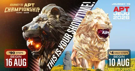 Golden and dark lion statues with "APT" in their mouths