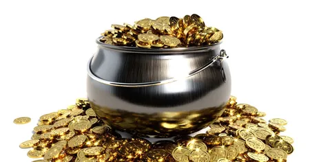 A silver pot overflowing with shiny gold coins