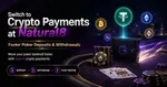 Digital wallet with glowing crypto coins above poker table, promoting crypto payments at Natural8 for faster deposits and withdrawals.