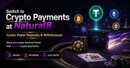 Digital wallet with glowing crypto coins above poker table, promoting crypto payments at Natural8 for faster deposits and withdrawals.