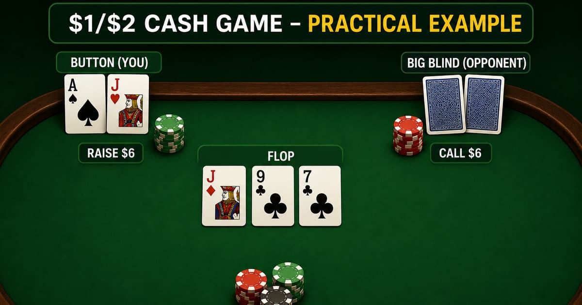Poker game example: $1/$2 cash game. Player raises $6 with Ace of Spades, Jack of Diamonds. Flop: Jack of Diamonds, Nine and Seven of Clubs.