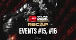 Dark background with red streaks, APT 2026 Online logo, "Recap Events #15, #16" in large text, shiny trophy image