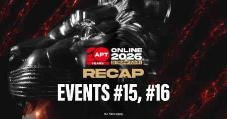 Dark background with red streaks, APT 2026 Online logo, "Recap Events #15, #16" in large text, shiny trophy image